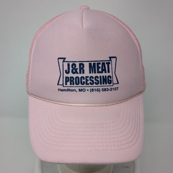 J&R Meat Processing Snapback Rope Trucker Hat Pink One Size Mesh Back - Picture 2 of 9